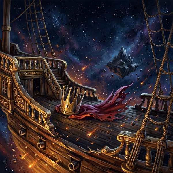 Cover art: an abandoned golden crown and torn cape on a galleon sailing through space